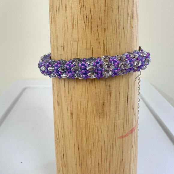 Boho Handmade Purple Silver Beaded Bracelet Gift Box Adjustable Jewelry 7” - 10” - Picture 1 of 7